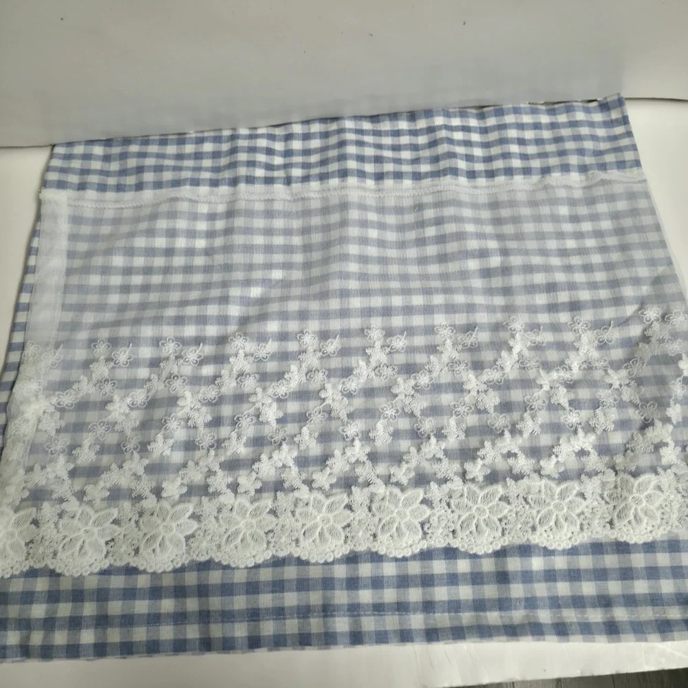 Blue White Gingham Check Cafe Curtain Floral Lace Farmhouse Kitchen Tier 42 X 17
